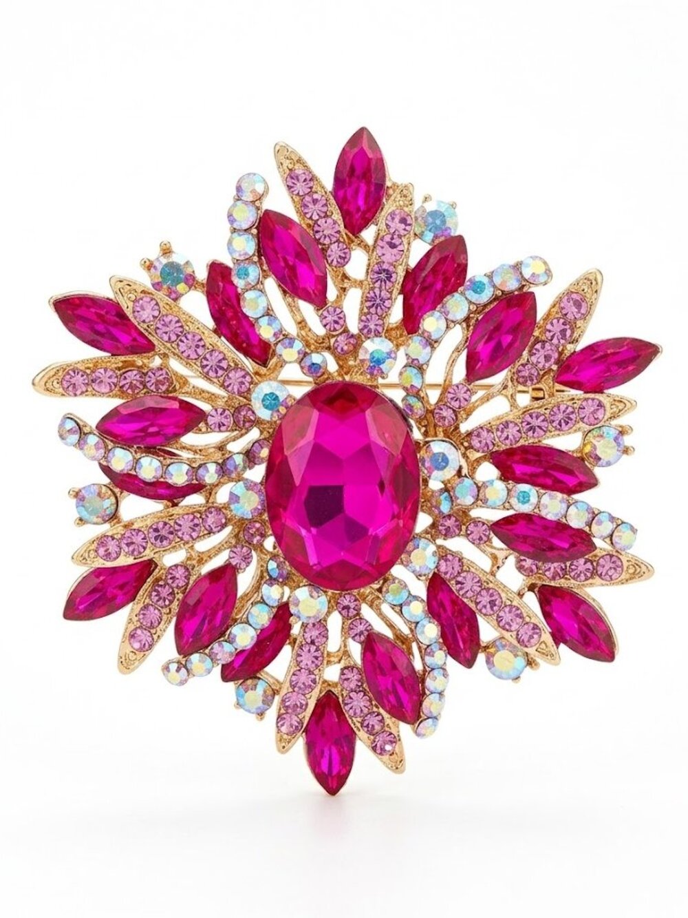 Gold Tone Pink Crystal Brooch Pin